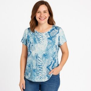 Olivaceous Blue and White Snake Print Patterned Women's Top Size S